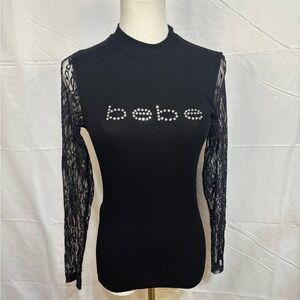 Y2K 2b Bebe Rhinestone‎ Logo Lace Sleeve Top Black Mock Neck Small